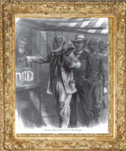 A black and white drawing showing a line of voters, with an older black man submitting his ballot as a white judge looks on