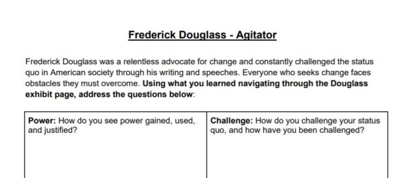 The top of a worksheet for students about the Frederick Douglass: Agitator exhibit at the American Writers Museum