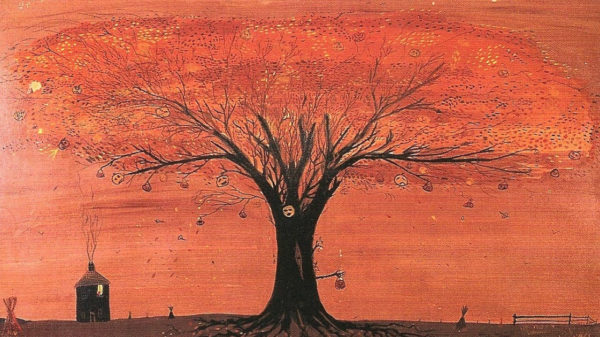 A painting of The Halloween Tree by Ray Bradbury. Featuring a black tree with orange leaves against a slightly lighter orange sky, there are jack-o-lanterns hanging from the tree and a small house in the background.