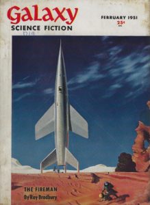 Galaxy Magazine cover from February 1951 featuring a silver rocket on a red landscape