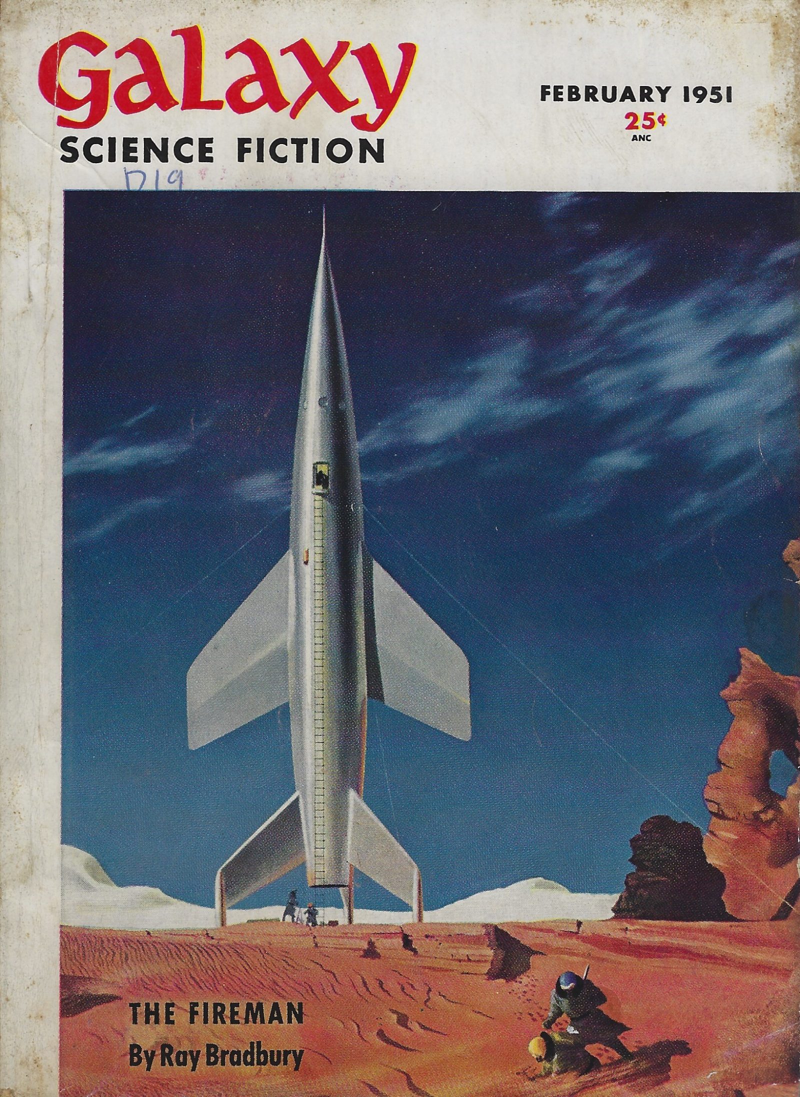 Galaxy Magazine cover from February 1951 featuring a silver rocket on a red landscape