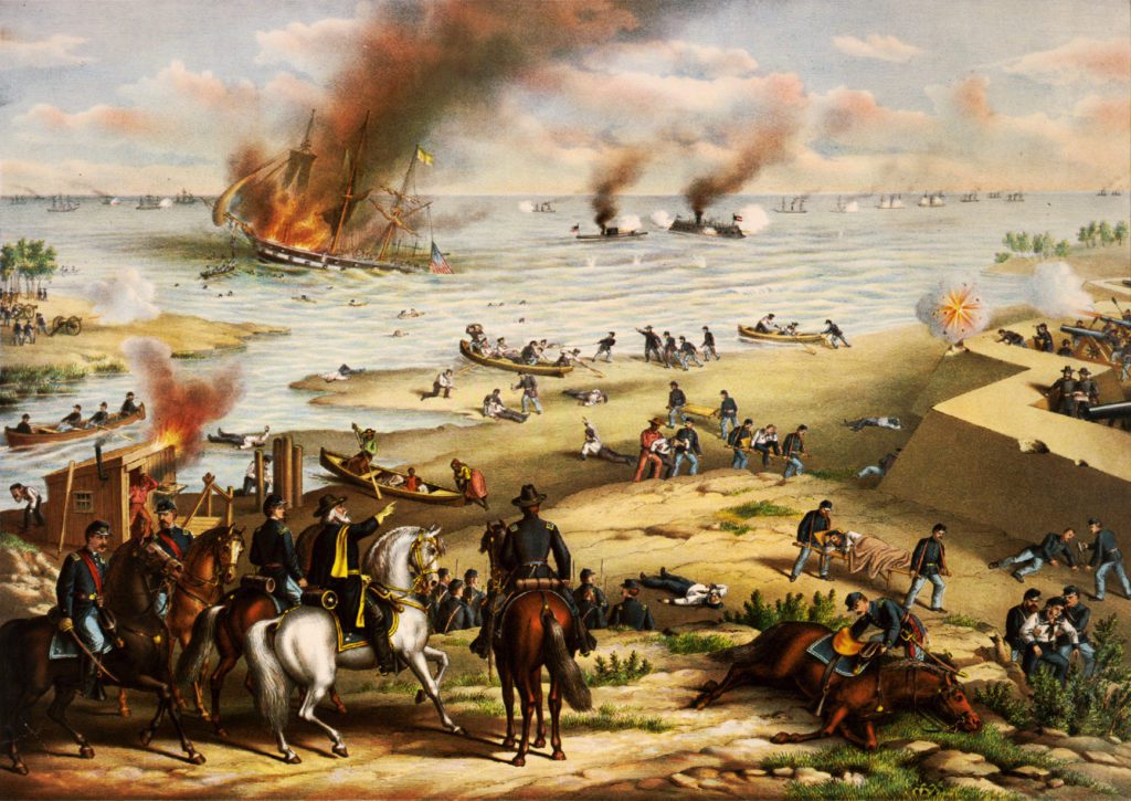 A battle scene between the ironclads Monitor and Merrimac just offshore, also shows a Union ship sinking and rescue boats being put to sea from shore, as well as a Union artillery bunker, Union soldiers and officers, and some rescued sailors.