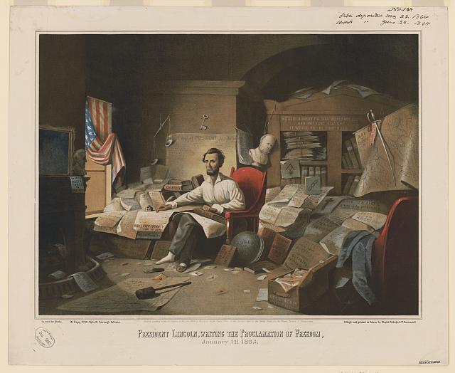 A painting of Abraham Lincoln writing the Emancipation Proclamation by David G. Blythe