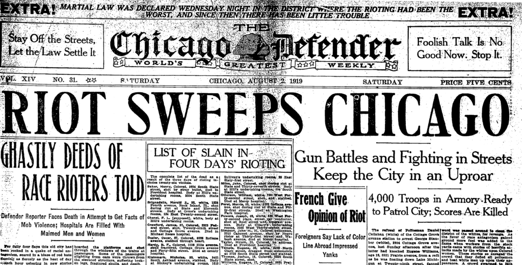 The front page of the Chicago Defender from August 1919. The main headline reads "Riot Sweeps Chicago"
