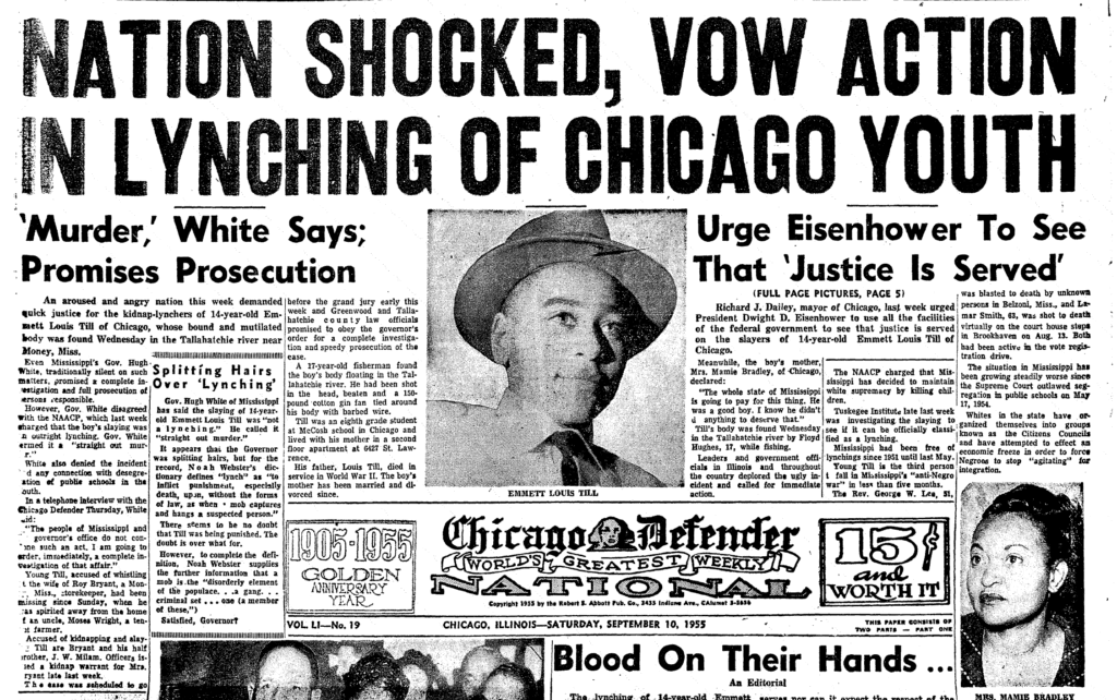 The front page of the Chicago Defender from September 1955. The main headline reads "Nation Shocked, Vow Action in Lynching of Chicago Youth" above a photo of Emmett Till.