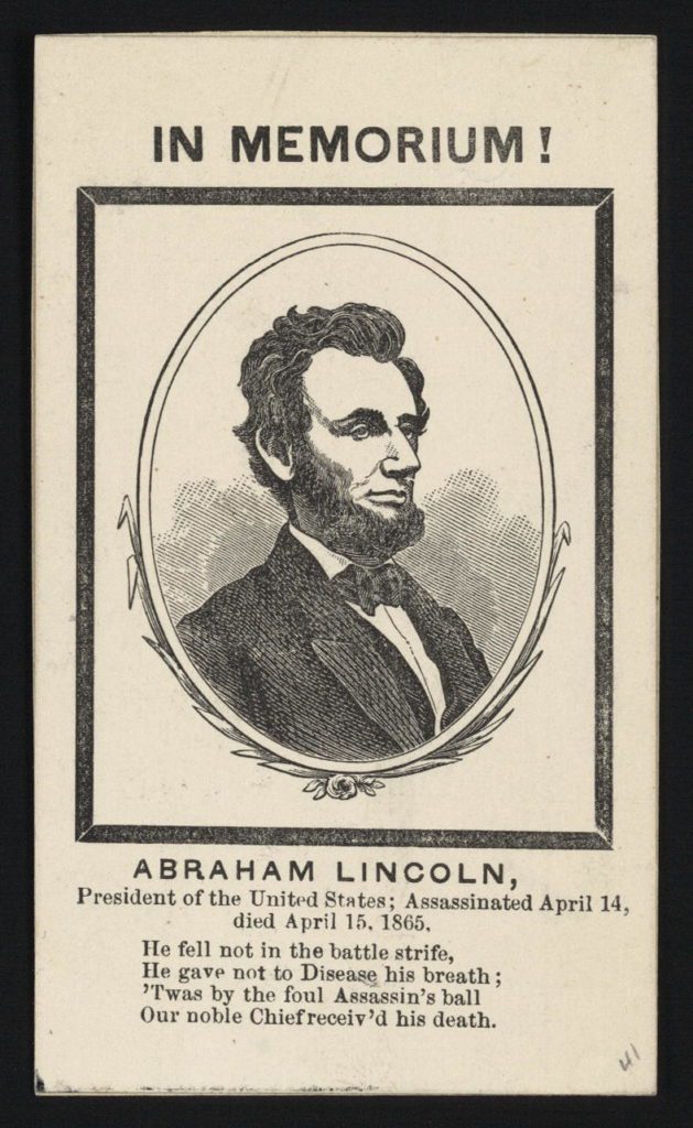 A pamphlet that says "In Memorium!" above a print of Abraham Lincoln's bust