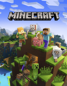The cover of Minecraft, which shows blocky people and animals over a landscape.
